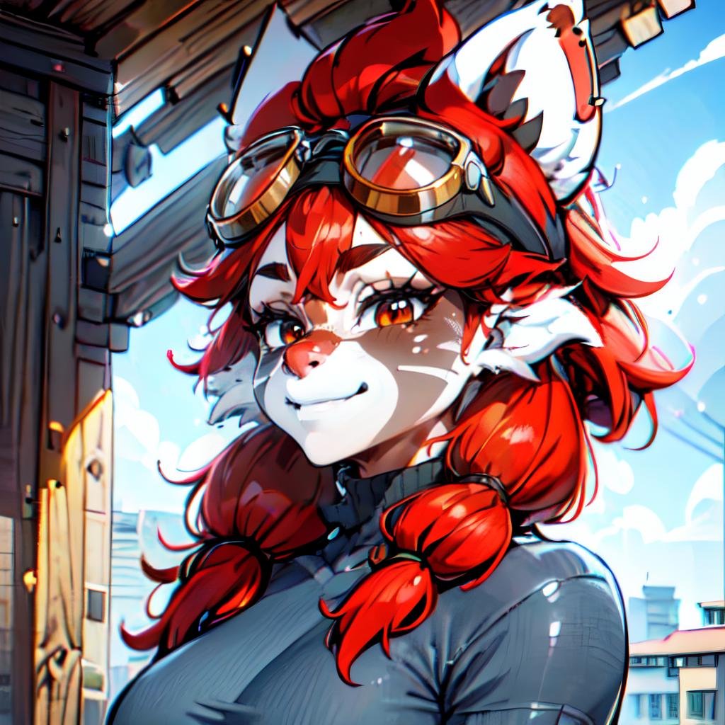 a woman((standing on a busstop, looking cute, cute smile, side view, portrait)) <lora:NonaLoRA:0.9> ((nona a raccoon with (black nose:1.2) and red hair and tail and goggles on head wearing a sweater)), beautiful eyes, beautiful girl, high detail skin, high detail eyes, high detail hair, highres, ultra detailed, detailed pores, imperfect skin, detailed reflective shiny skin, diffused skin pores,sharpen picture, Highly detailed, masterpiece, best quality, photorealistic,