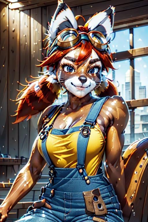 (sitting in a cafe holding a cup of tea, city in background,upper body) <lora:NonaLoRA:1> ((nona a raccoon with (black nose:1.2) and red hair and tail and goggles on head wearing yellow shirt and blue dungarees and brown belt with bags)), beautiful eyes, beautiful girl, high detail skin, high detail eyes, high detail hair, highres, ultra detailed, detailed pores, imperfect skin, detailed reflective shiny skin, diffused skin pores,sharpen picture, Highly detailed, masterpiece, best quality, photorealistic,