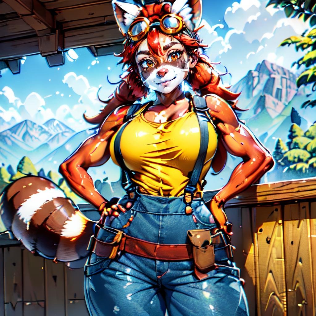 a woman((standing in the mountains, hands on hips )) <lora:NonaLoRA:0.9> ((nona a raccoon with (black nose:1.2) and red hair and tail and goggles on head wearing a yellow shirt, blue dungarees, brown belt with bags)), beautiful eyes, beautiful girl, high detail skin, high detail eyes, high detail hair, highres, ultra detailed, detailed pores, imperfect skin, detailed reflective shiny skin, diffused skin pores,sharpen picture, Highly detailed, masterpiece, best quality, photorealistic,