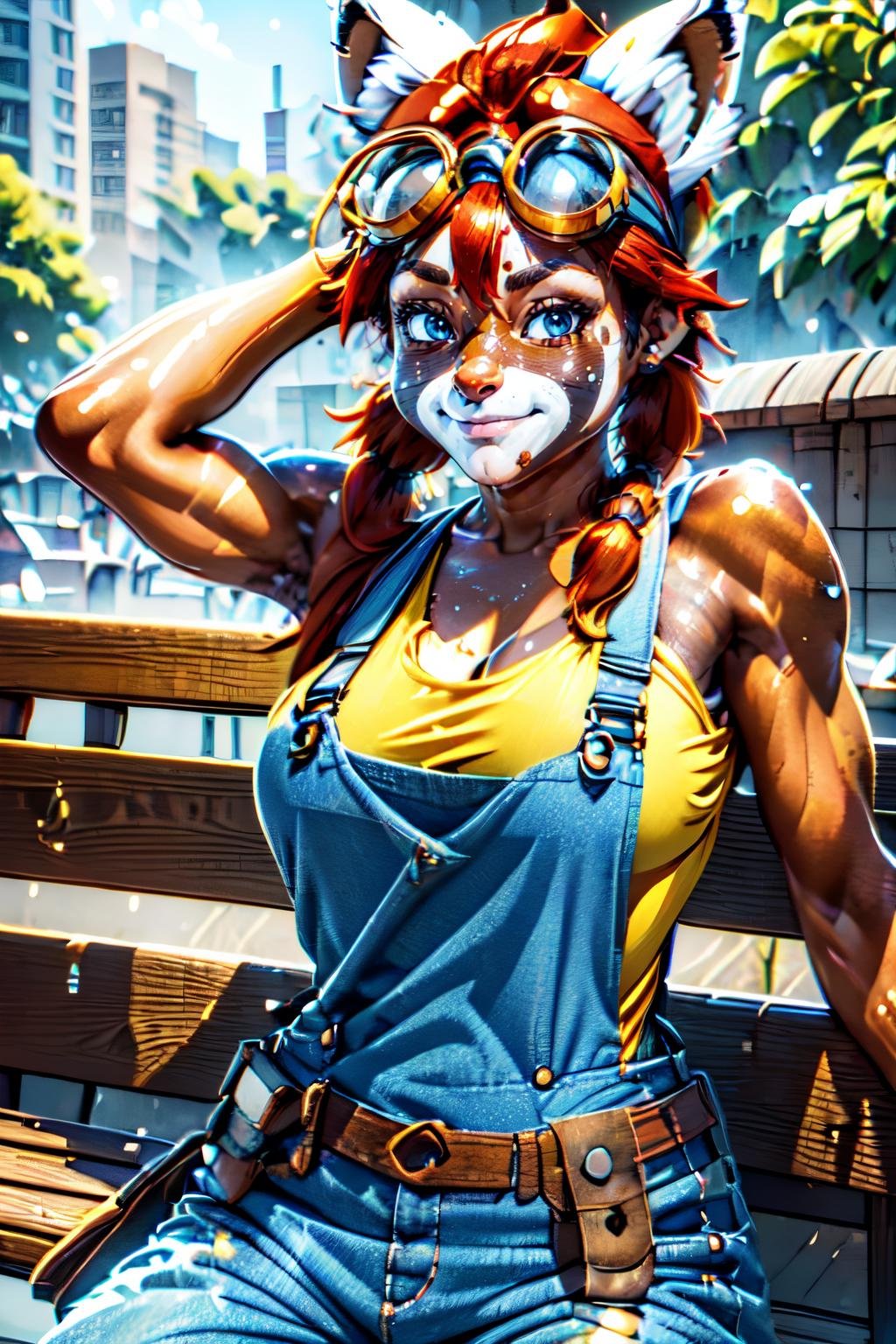 sitting on a bench in the city, <lora:NonaLoRA:1> nona a raccoon with black nose and red hair and tail and goggles on head wearing yellow shirt and blue dungarees and brown belt with bags, beautiful eyes, beautiful girl, high detail skin, high detail eyes, high detail hair, highres, ultra detailed, detailed pores, imperfect skin, detailed reflective shiny skin, diffused skin pores,sharpen picture, Highly detailed, masterpiece, best quality, photorealistic,