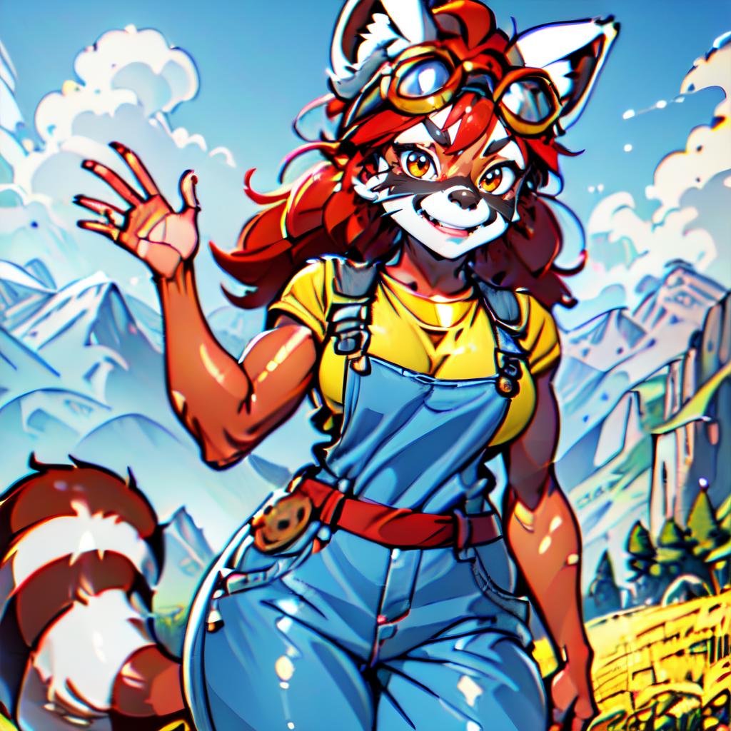 a woman((standing in the mountains, waving )) <lora:NonaLoRA:0.9> ((nona a raccoon with (black nose:1.2) and red hair and tail and goggles on head wearing a yellow shirt, blue dungarees, brown belt with bags)), beautiful eyes, beautiful girl, high detail skin, high detail eyes, high detail hair, highres, ultra detailed, detailed pores, imperfect skin, detailed reflective shiny skin, diffused skin pores,sharpen picture, Highly detailed, masterpiece, best quality, photorealistic, 