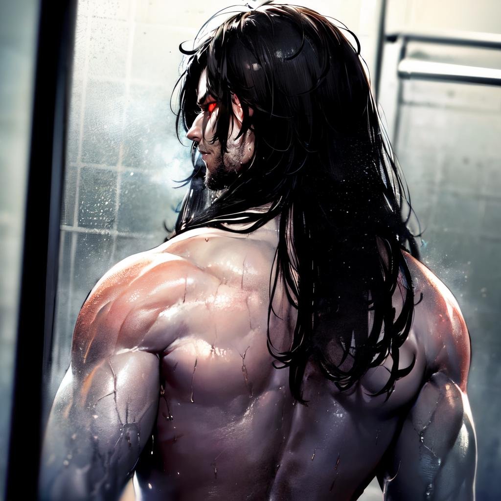 ((a man in the shower, wet, dripping, from behind, looking at viewer)), high detail skin, high detail eyes, high detail hair, highres, ultra detailed, sharpen picture, Highly detailed, masterpiece, best quality,  <lora:LoboLoRA:0.8> lobo with long hair, face paint, glowing red eyes, nude