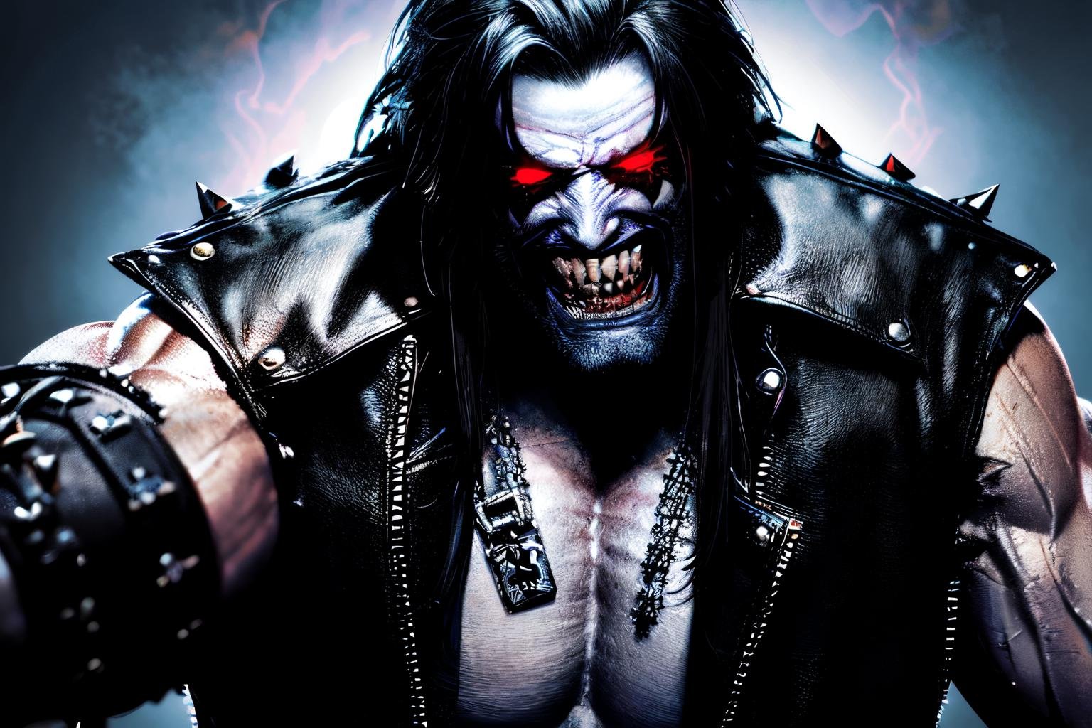 , high detail skin, high detail eyes, high detail hair, highres, ultra detailed, sharpen picture, Highly detailed, masterpiece, best quality,  <lora:LoboLoRA:1> lobo with long hair, face paint, glowing red eyes, wearing rockeroutfit leather jacket armor chains and spikes skulls ,smoking cigar, riding a motorcycle