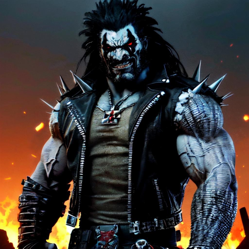 ((standing on a hill of skulls, explosions and fire in background)), high detail skin, high detail eyes, high detail hair, highres, ultra detailed, sharpen picture, Highly detailed, masterpiece, best quality,  <lora:LoboLoRA:1> lobo with long hair, face paint, glowing red eyes, wearing rockeroutfit leather jacket armor chains and spikes skulls  