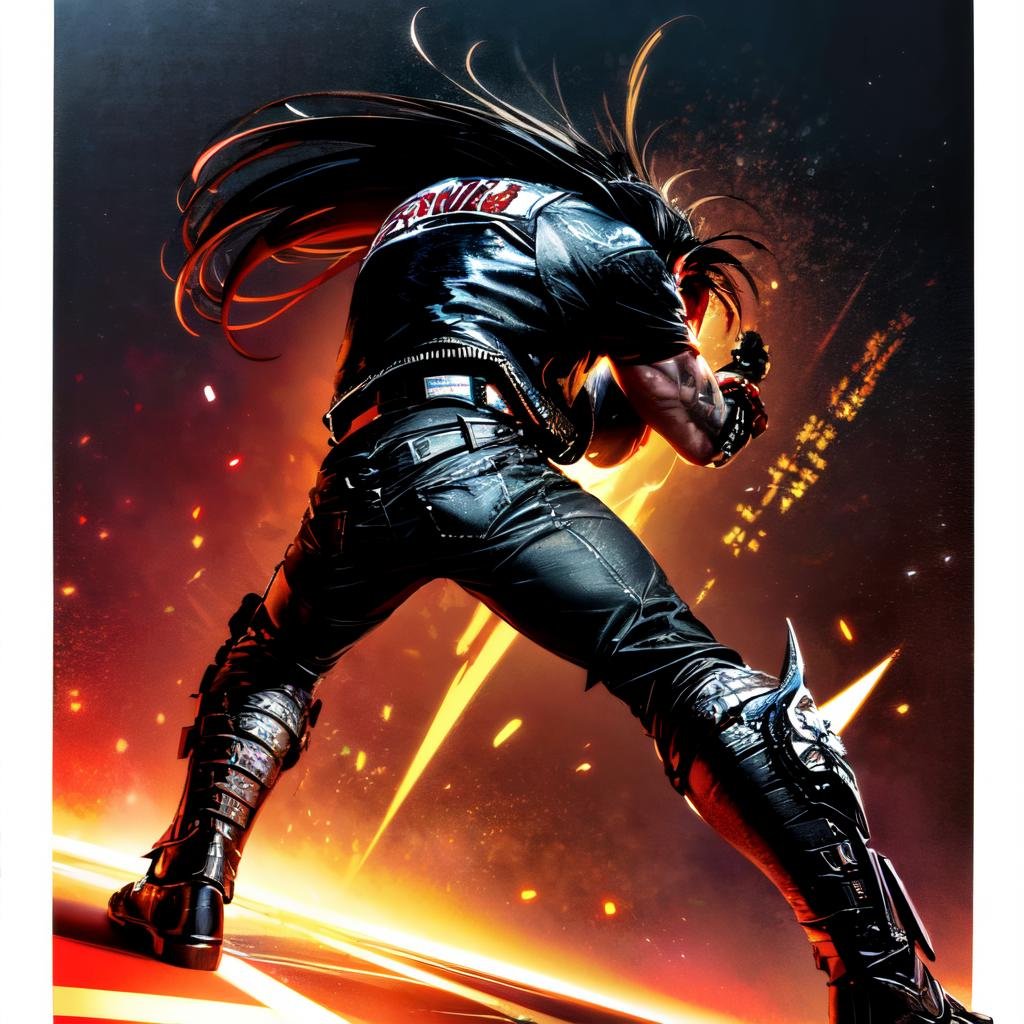 ((fighting in space, dynamic pose, full body)), high detail skin, high detail eyes, high detail hair, highres, ultra detailed, sharpen picture, Highly detailed, masterpiece, best quality,  <lora:LoboLoRA:0.8> lobo with long hair, face paint, glowing red eyes, wearing rockeroutfit leather jacket armor chains and spikes skulls, holding chain sickle