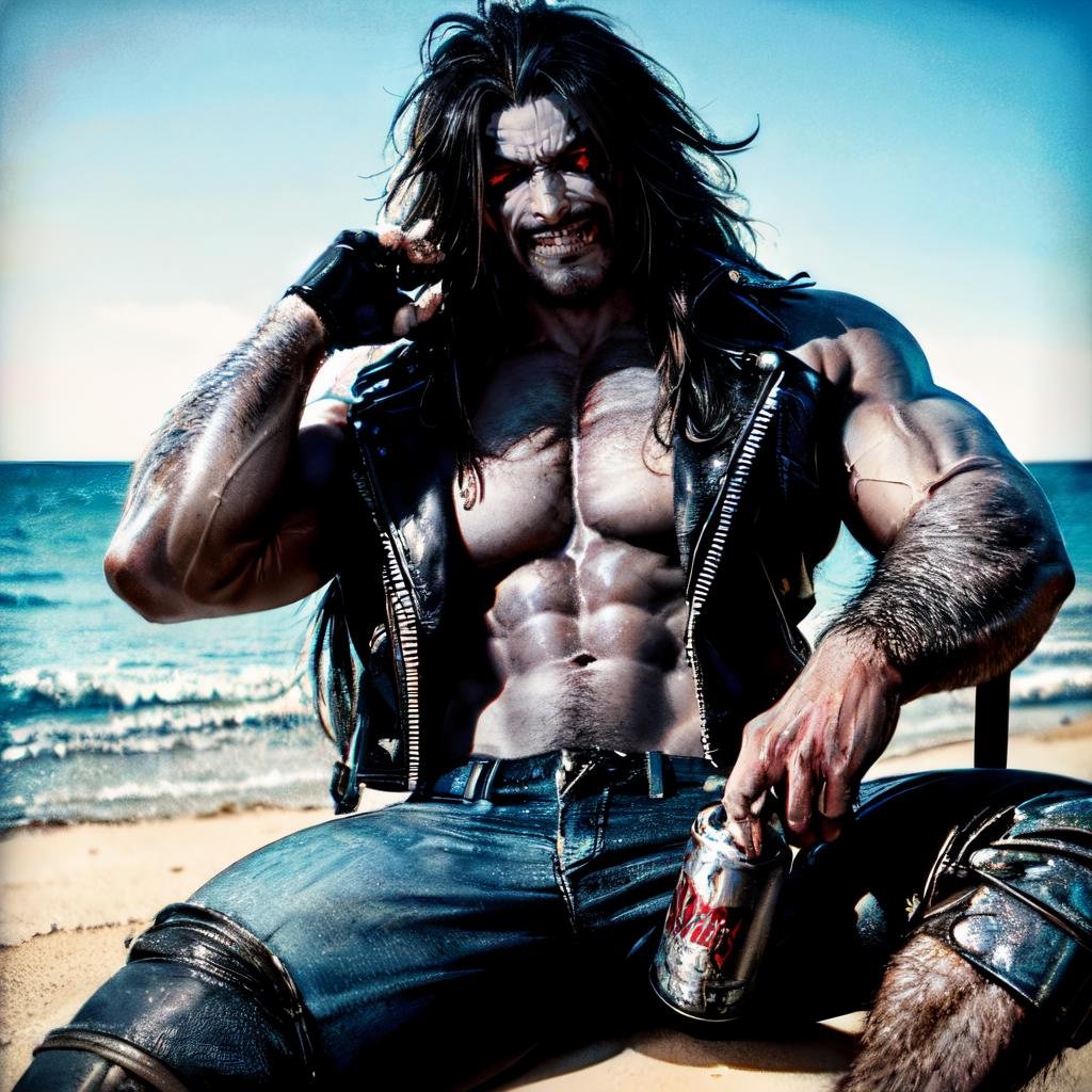 ((sitting on the beach holding a can of beer)), high detail skin, high detail eyes, high detail hair, highres, ultra detailed, sharpen picture, Highly detailed, masterpiece, best quality,  <lora:LoboLoRA:0.8> lobo with long hair, face paint, glowing red eyes, wearing rockeroutfit leather jacket armor chains and spikes skulls