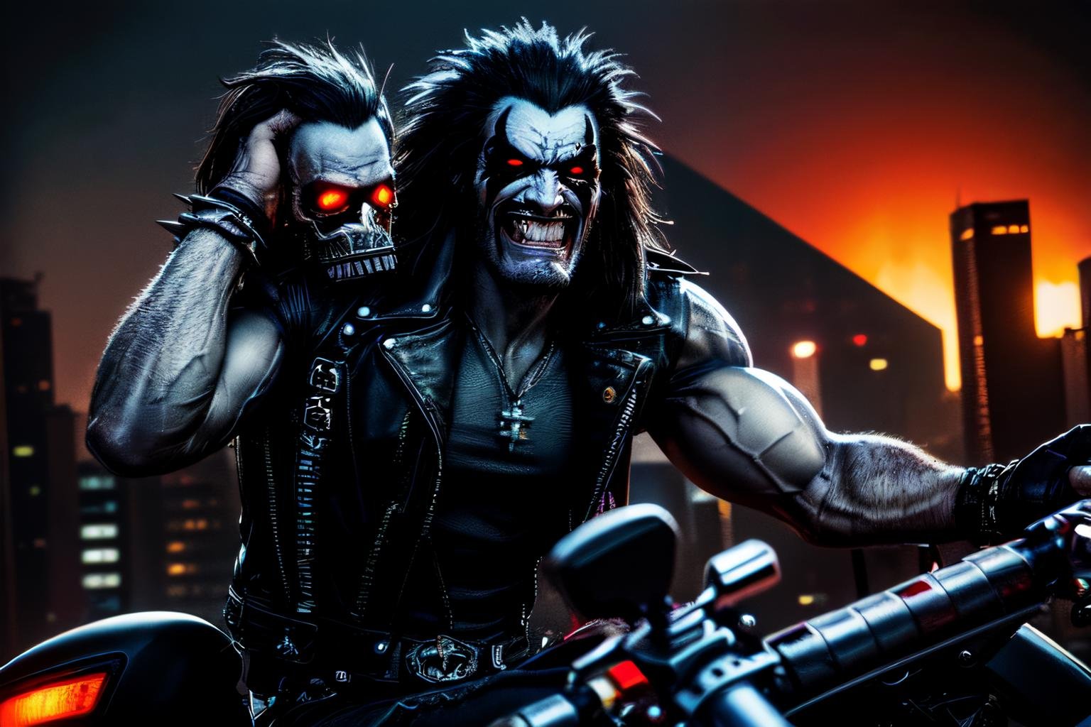 (frontal, buring city in background, full body), high detail skin, high detail eyes, high detail hair, highres, ultra detailed, sharpen picture, Highly detailed, masterpiece, best quality,  <lora:LoboLoRA:0.8> lobo with long hair, face paint, glowing red eyes, wearing rockeroutfit leather jacket armor chains and spikes skulls ,holding cigar, ((riding a motorcycle))