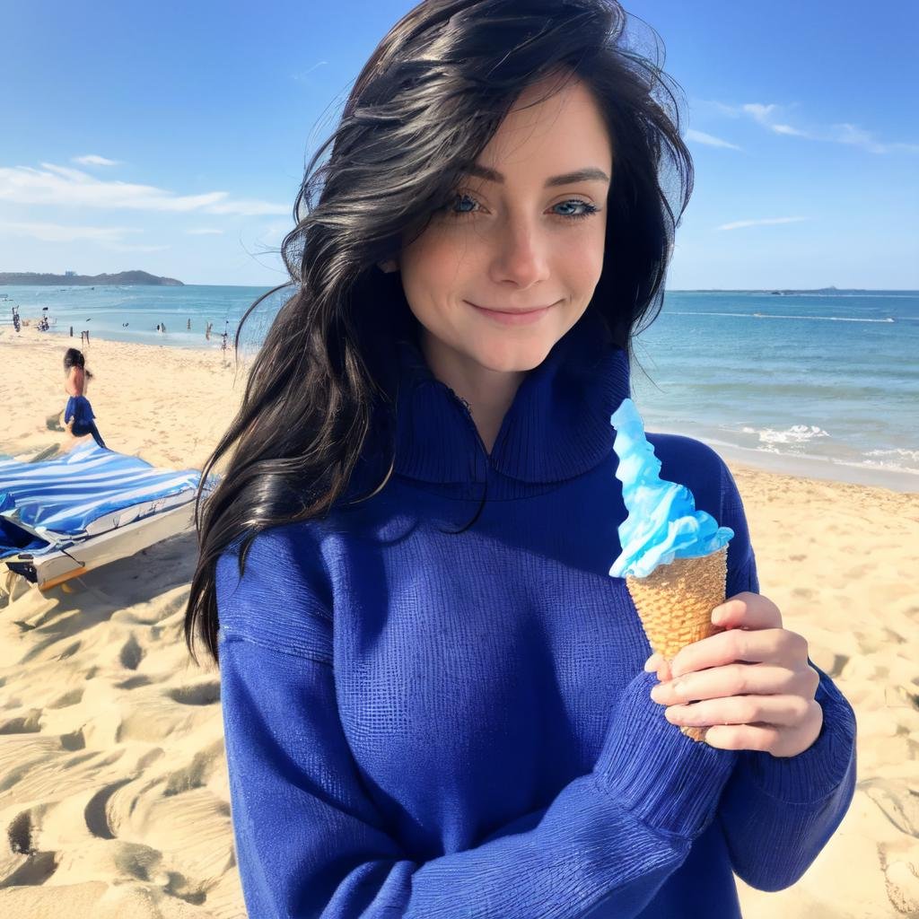 walking on the beach, holding a ice cone with icecream, beautiful eyes, high detail skin, high detail eyes, high detail hair, highres, ultra detailed, sharp picture, Highly detailed, masterpiece, best quality , <lora:catarinassecretLoRA:1> catarinassecret with long black hair, wearing blue pullover and jeans, small breasts, smile