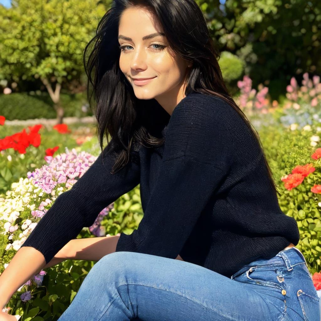 side view, sitting in a garden full of flowers, sunny day, butterflies, beautiful eyes, high detail skin, high detail eyes, high detail hair, highres, ultra detailed, sharp picture, Highly detailed, masterpiece, best quality , <lora:catarinassecretLoRA:1> catarinassecret with long black hair, wearing blue pullover and jeans, small breasts, smile