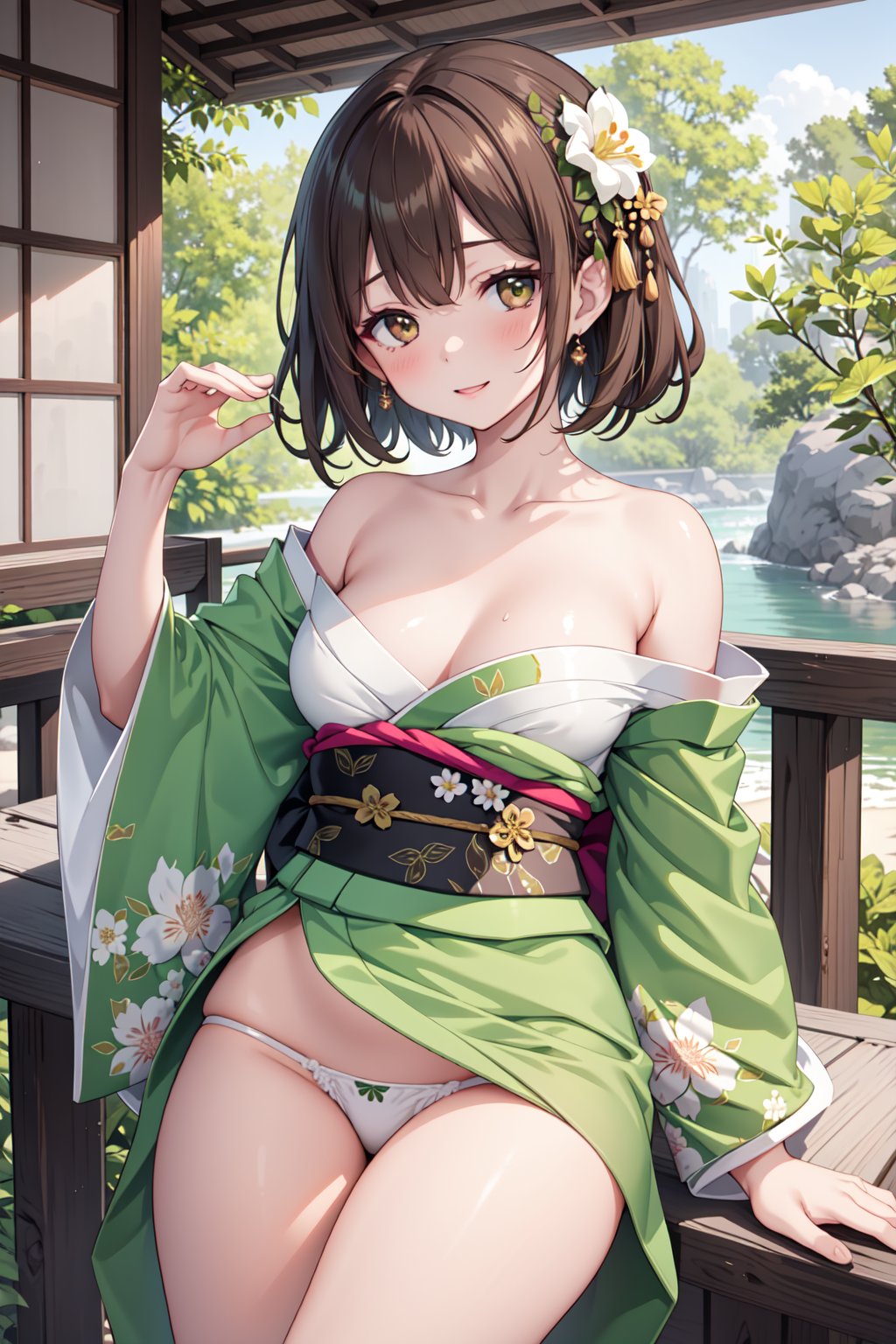 (masterpiece,  best quality),  shiny skin,  lustrous skin,  a girl,  brown hair,  green kimono,  underwear,  white underwear,  long hem,  medium breasts,  smile,  flower print,  pattern,  off shoulder,<lora:EMS-254295-EMS:1.000000>