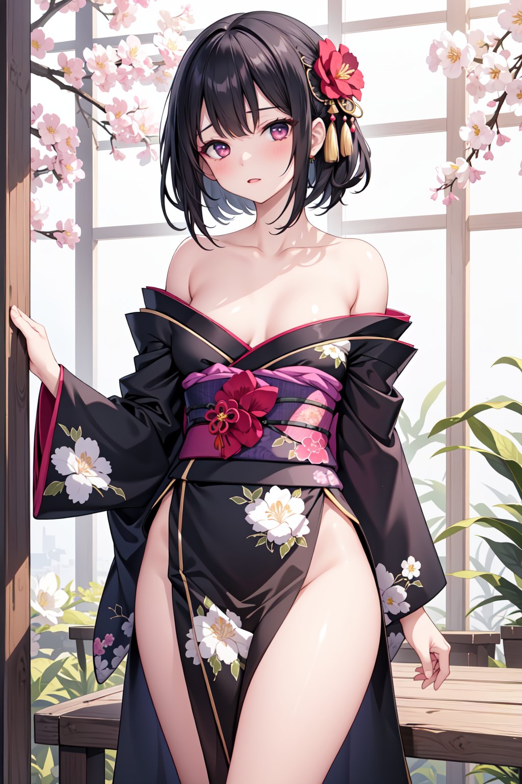 (masterpiece,  best quality),  shiny skin,  lustrous skin,  a girl,  kimono,  pussy,  long hem,  medium breasts,  flower print,  pattern,  off shoulder,<lora:EMS-254295-EMS:1.000000>