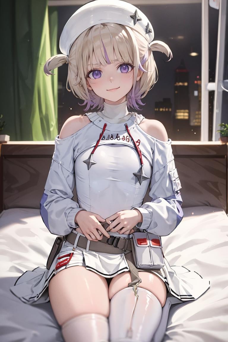 masterpiece, best quality, absurdres, HajimeRegloss, white hat, white dress, shrug \(clothing\), shoulder cutout, pouch, single thighhigh, smile, seiza, on bed, indoors, <lora:TodorokiHajime:1>