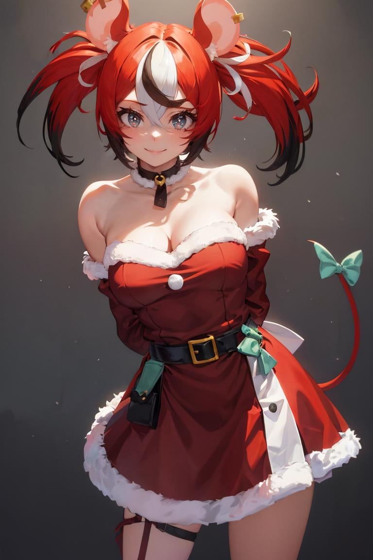 masterpiece, best quality, absurdres, 1girl, 1boy, HakosBaelz, twintails, mouse tail, tail bow, santa dress, red dress, fur-trim, cleavage, fur choker, ribbon, smile, arms behind back, leaning forward, belt, <lora:HakosBaelz:1>