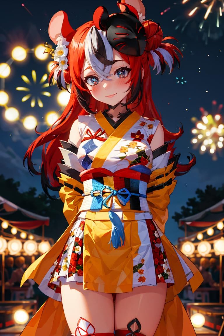 masterpiece, best quality, absurdres, BaelzNewYears, long hair, hair bun, hair flower, kimono, oni, mask on head, thighhighs, outdoors, night, fireworks, festival, food stalls, smile, blush, arms behind back, <lora:HakosBaelz:1>