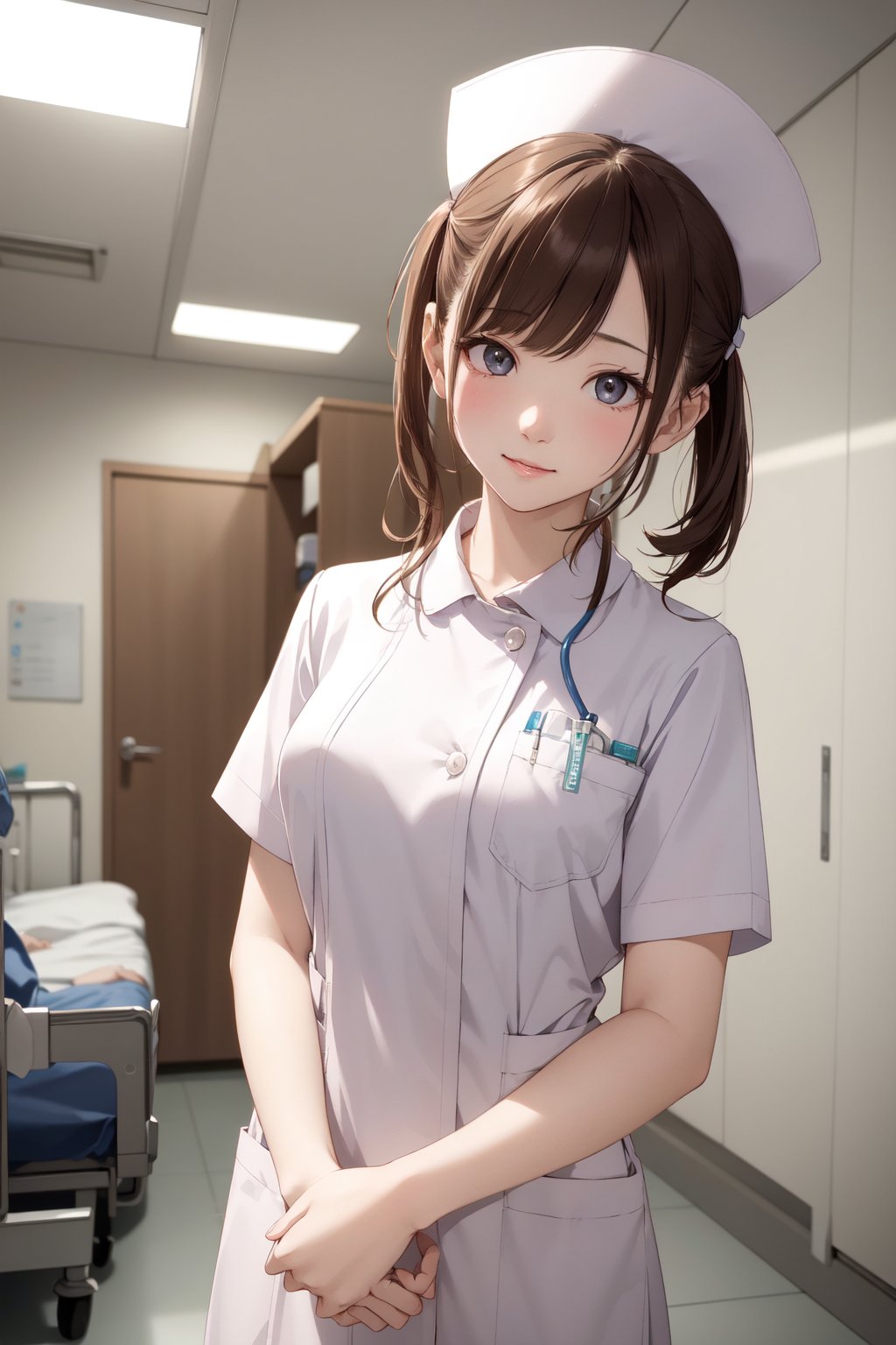 (RAW photo, best quality), 1girl,  natural lighting, <lora:NurseUniform0_0:1> nurse uniform, nurse cap,hospital, ward, 