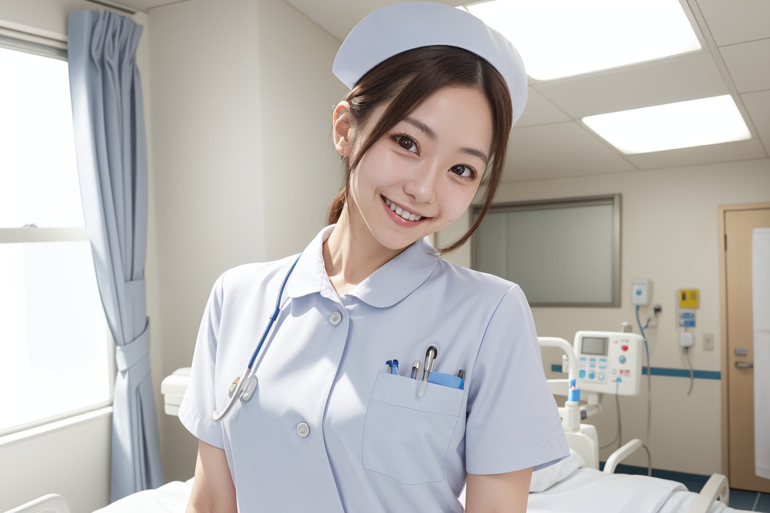 (RAW photo, best quality), 1girl,  natural lighting, <lora:NurseUniform0_0:1> nurse uniform, nurse cap,hospital, ward, smile, white, upper body,