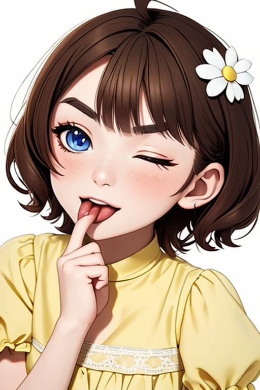(masterpiece),(best quality), 

(masterpiece), (best quality), 1girl, solo, looking at viewer, blush, short hair, blue eyes, simple background, brown hair, hair ornament, long sleeves, white background, dress, upper body, flower, ahoge, short sleeves, one eye closed, tongue, hand up, hair flower, tongue out, v-shaped eyebrows, floral print, light brown hair, white flower, yellow dress, ;p, akanbe,
