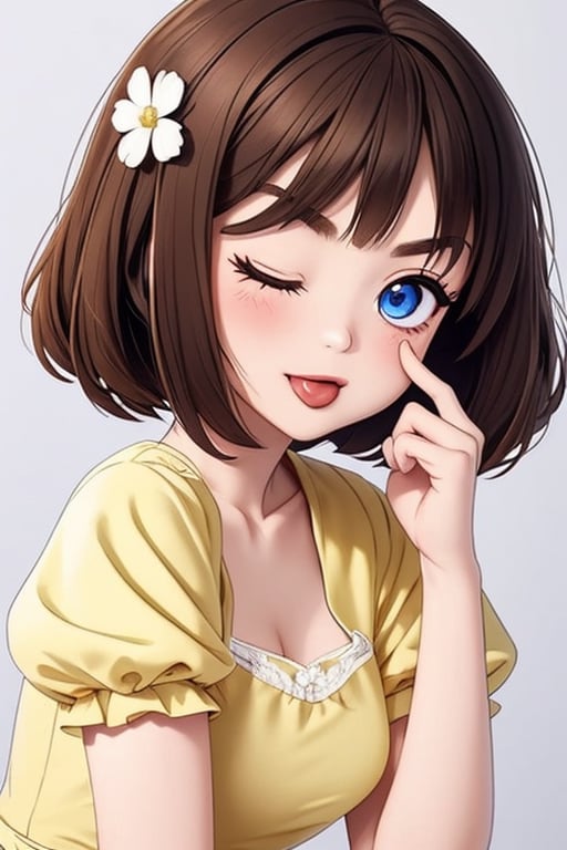 (masterpiece),(best quality), 

(masterpiece), (best quality), 1girl, solo, looking at viewer, blush, short hair, blue eyes, simple background, brown hair, hair ornament, long sleeves, white background, dress, upper body, flower, ahoge, short sleeves, one eye closed, tongue, hand up, hair flower, tongue out, v-shaped eyebrows, floral print, light brown hair, white flower, yellow dress, ;p, akanbe,