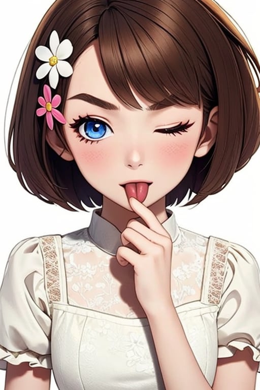 (masterpiece),(best quality), 

(masterpiece), (best quality), 1girl, solo, looking at viewer, blush, short hair, blue eyes, simple background, brown hair, hair ornament, long sleeves, white background, dress, upper body, flower, ahoge, short sleeves, one eye closed, tongue, hand up, hair flower, tongue out, v-shaped eyebrows, floral print, light brown hair, white flower, yellow dress, ;p, akanbe,