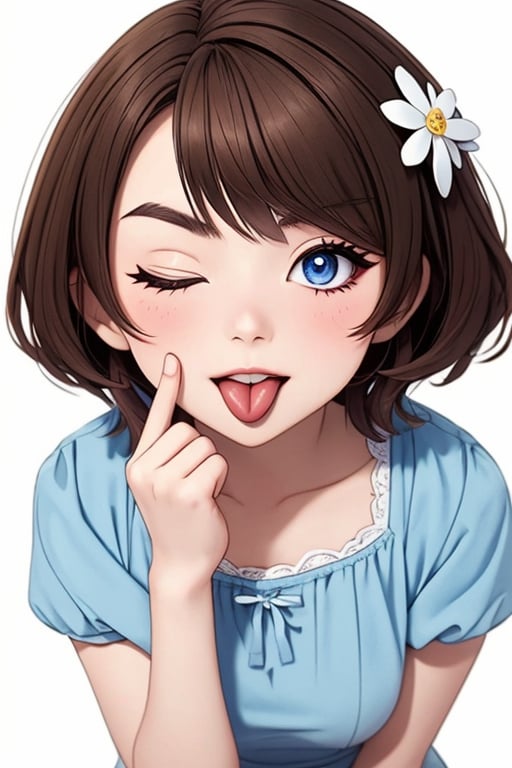 (masterpiece),(best quality), 

(masterpiece), (best quality), 1girl, solo, looking at viewer, blush, short hair, blue eyes, simple background, brown hair, hair ornament, long sleeves, white background, dress, upper body, flower, ahoge, short sleeves, one eye closed, tongue, hand up, hair flower, tongue out, v-shaped eyebrows, floral print, light brown hair, white flower, yellow dress, ;p, akanbe,