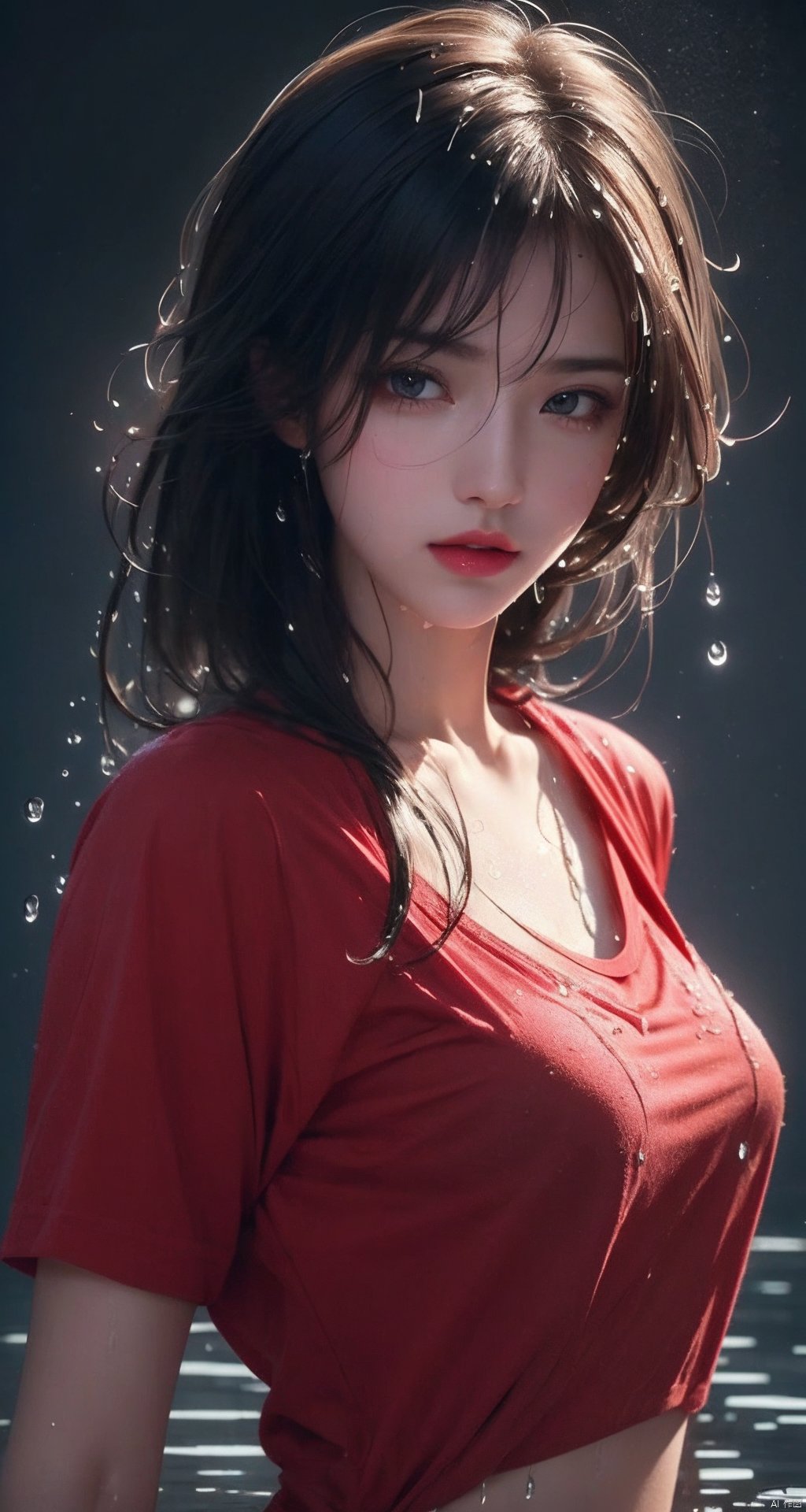  Epic CG masterpiece,stunningly beautiful,graphic tension,dynamic poses,stunning colors,3D rendering,surrealism,cinematic lighting effects,realism,00 renderer,super realistic,masterpiece,best quality,32k uhd,insane details,intricate details,hyperdetailed,hyper quality,high detail,ultra detailed,Masterpiece,
1girl,solo,glowing,Red shirt,simple background,,rain,it's soaking wet,(splash of water:1.4),wet_hair,(naked),1 girl