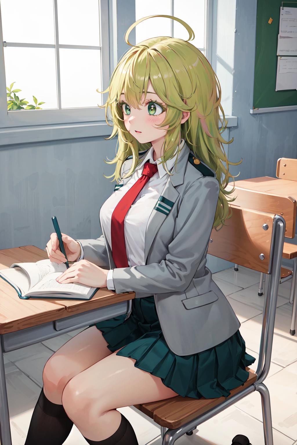 masterpiece,best quality,highres,ultra-detailed,hagakure tooru,green eyes,multicolored hair,long hair,ahoge,bangs,large breasts,school uniform,blazer,grey jacket,long sleeves,red necktie,collared shirt,short sleeves,green skirt,(socks:1.2),(black socks:1.1),loafers,<lora:hagakure_tooru:0.7>,indoors,sitting,desk,chair,classroom,(studying:1.4),from_side,