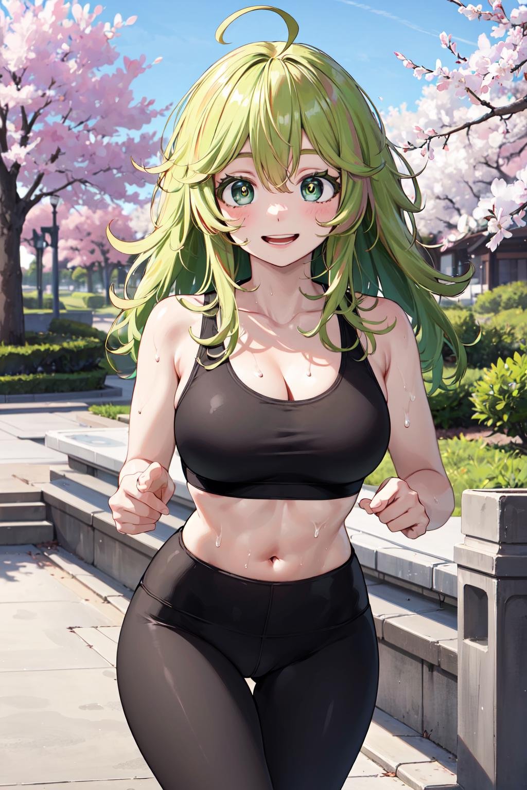 masterpiece,best quality,highres,ultra-detailed,hagakure tooru,green eyes,multicolored hair,long hair,ahoge,bangs,large breasts,<lora:hagakure_tooru:0.7>,sports bra,(leggings:1.2),outdoors,cherry blossoms,smile,sweat,running,