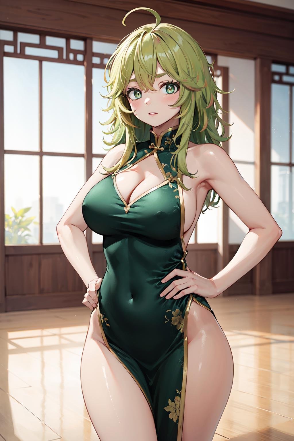 masterpiece,best quality,highres,ultra-detailed,hagakure tooru,green eyes,multicolored hair,long hair,ahoge,bangs,large breasts,<lora:hagakure_tooru:0.7>,bare shoulders,china dress,chinese clothes,short dress,cleavage cutout,sideboob,thighs,hands_on_hips,(furrowed_brow:1.2),indoors,front view,from_below,