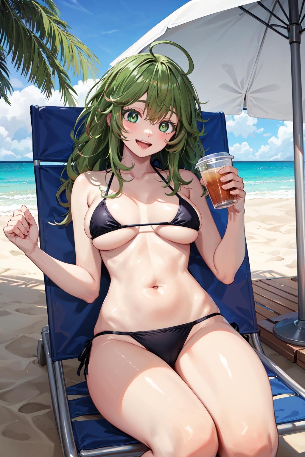 masterpiece,best quality,highres,ultra-detailed,hagakure tooru,green eyes,multicolored hair,long hair,ahoge,bangs,large breasts,<lora:hagakure_tooru:0.7>,beach,beach umbrella,beach chair,on back,:d,sideways_glance,cup,holding cup,bikini,