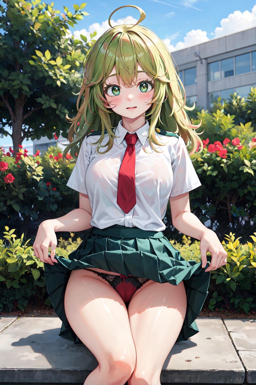 masterpiece,best quality,highres,ultra-detailed,hagakure tooru,green eyes,multicolored hair,long hair,ahoge,bangs,large breasts,school uniform,red necktie,collared shirt,short sleeves,green skirt,(socks:1.2),(black socks:1.1),loafers,<lora:hagakure_tooru:0.7>,(skirt lift:1.4),(blush:1.2),(embarrass:1.4),outdoors,garden,lace-trimmed panties,