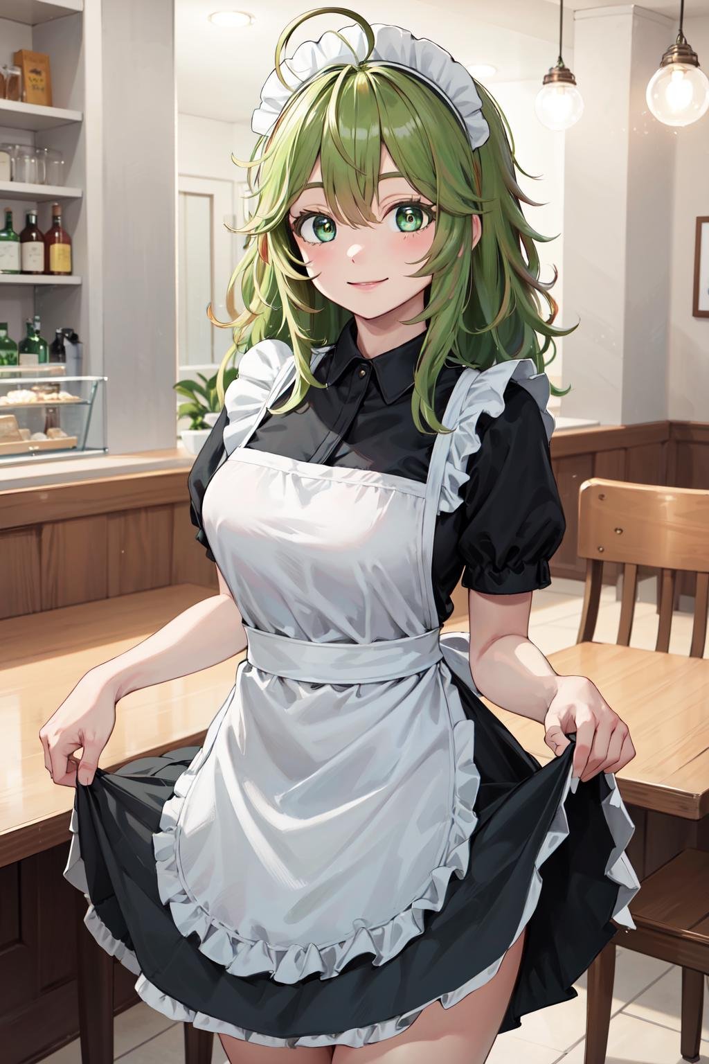 masterpiece,best quality,highres,ultra-detailed,hagakure tooru,green eyes,multicolored hair,long hair,ahoge,bangs,large breasts,<lora:hagakure_tooru:0.7>,indoors,cafe,maid,maid headdress,apron,(skirt hold:1.2),standing,cowboy shot,smile,