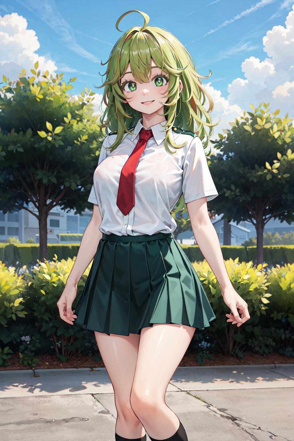 masterpiece,best quality,highres,ultra-detailed,hagakure tooru,green eyes,multicolored hair,long hair,ahoge,bangs,large breasts,school uniform,red necktie,collared shirt,short sleeves,green skirt,(socks:1.2),(black socks:1.1),loafers,<lora:hagakure_tooru:0.7>,outdoors,standing,cowboy shot,smile,