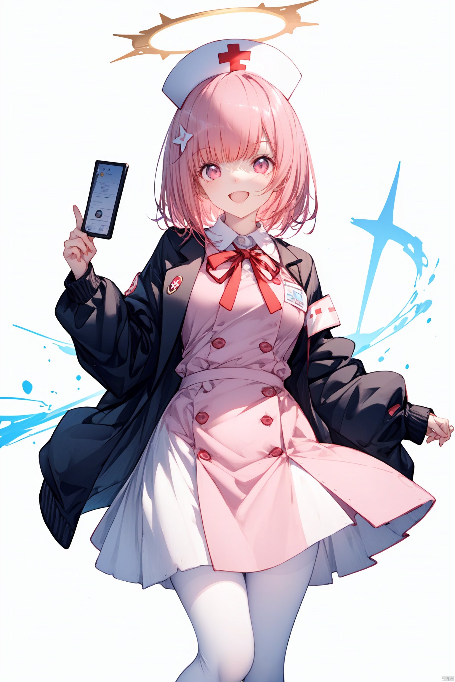 1girl,solo.halo,pink hair,medium hair,pink eyes,nurse cap,white pantyhose,hair ribbon,school uniform.slender,(perfect female body);looking at viewer,smile,standing.[(white background:1.5)::5].