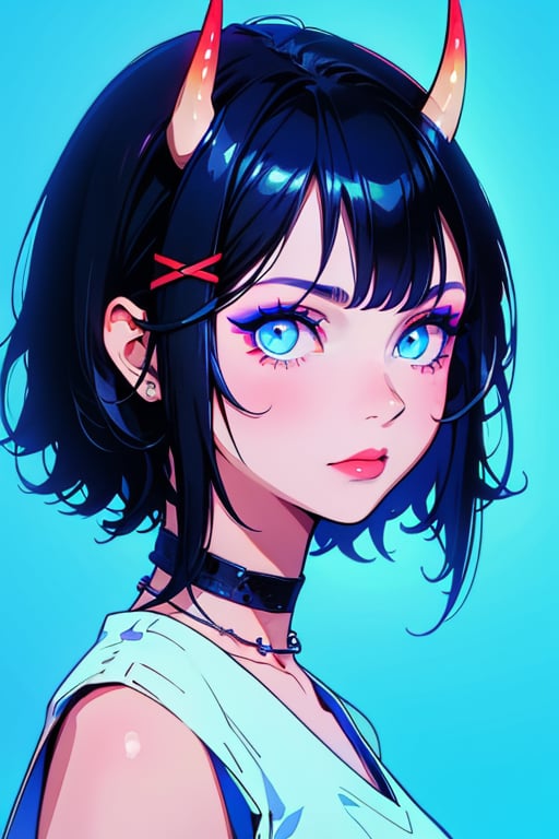 (masterpiece),,(best quality), 


1girl, solo, looking at viewer, short hair, black hair, hair ornament, horns, choker, blue eyes, makeup, colored skin, x hair ornament, portrait, short hair with long locks, blue background, 