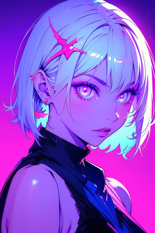 (masterpiece),,(best quality), 


1girl, solo, looking at viewer, short hair, black hair, hair ornament, blue eyes, makeup, colored skin, portrait, blue background, 

 long hair, white hair, earrings, pink eyes, lips, glowing, portrait, glowing eyes, purple background, bat hair ornament