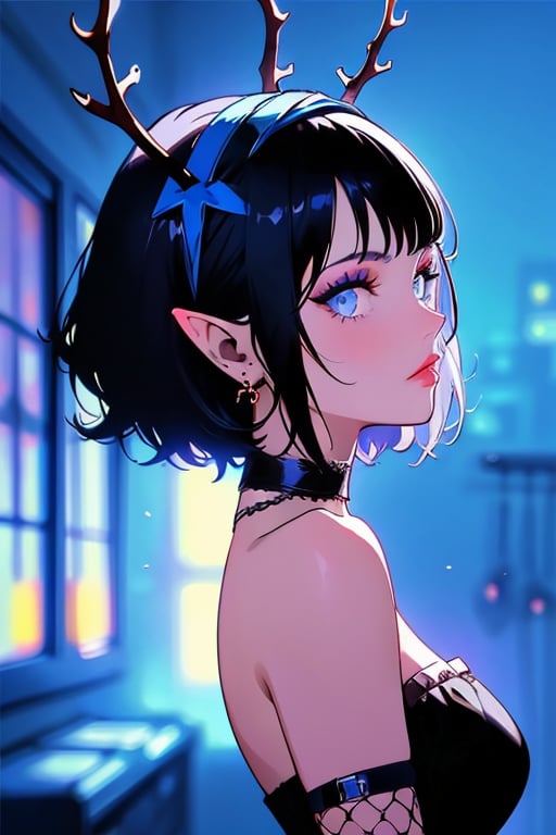 (masterpiece),,(best quality), 


1girl, solo, looking at viewer, short hair, black hair, hair ornament, blue eyes, makeup, colored skin, portrait, blue background, 

1girl, solo, short hair, gloves, dress, cleavage, bare shoulders, jewelry, medium breasts, collarbone, upper body, grey hair, hairband, earrings, choker, pointy ears, elbow gloves, blurry, black dress, from side, window, strapless, profile, black choker, fishnets, strapless dress, hair behind ear, antlers