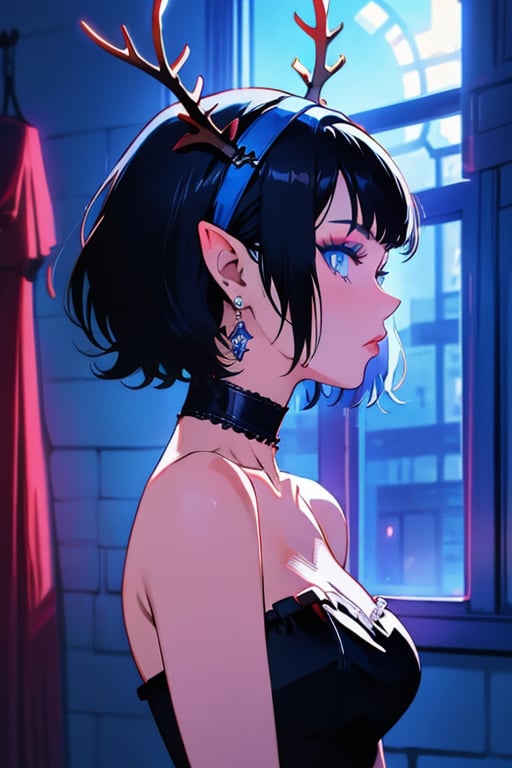 (masterpiece),,(best quality), 


1girl, solo, looking at viewer, short hair, black hair, hair ornament, blue eyes, makeup, colored skin, portrait, blue background, 

1girl, solo, short hair, gloves, dress, cleavage, bare shoulders, jewelry, medium breasts, collarbone, upper body, grey hair, hairband, earrings, choker, pointy ears, elbow gloves, blurry, black dress, from side, window, strapless, profile, black choker, fishnets, strapless dress, hair behind ear, antlers