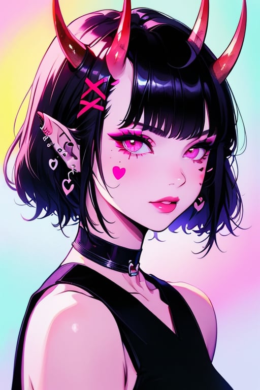 (masterpiece),,(best quality), 


1girl, solo, looking at viewer, short hair, black hair, hair ornament, jewelry, heart, earrings, horns, choker, pointy ears, pink eyes, makeup, colored skin, facial mark, piercing, x hair ornament, ear piercing, portrait, short hair with long locks