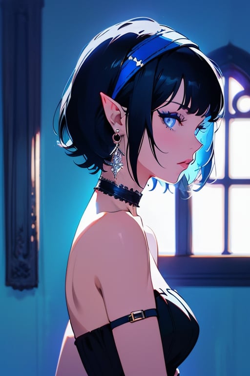 (masterpiece),,(best quality), 


1girl, solo, looking at viewer, short hair, black hair, hair ornament, blue eyes, makeup, colored skin, portrait, blue background, 

1girl, solo, short hair, gloves, dress, cleavage, bare shoulders, jewelry, medium breasts, collarbone, upper body, grey hair, hairband, earrings, choker, pointy ears, elbow gloves, blurry, black dress, from side, window, strapless, profile, black choker, fishnets, strapless dress, hair behind ear, 