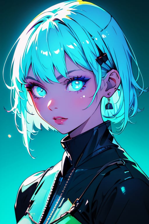 (masterpiece),,(best quality), 


1girl, solo, looking at viewer, short hair, black hair, hair ornament, blue eyes, makeup, colored skin, portrait, blue background, 

 long hair, white hair, earrings, green eyes, lips, glowing, portrait, glowing eyes, green background, bat hair ornament