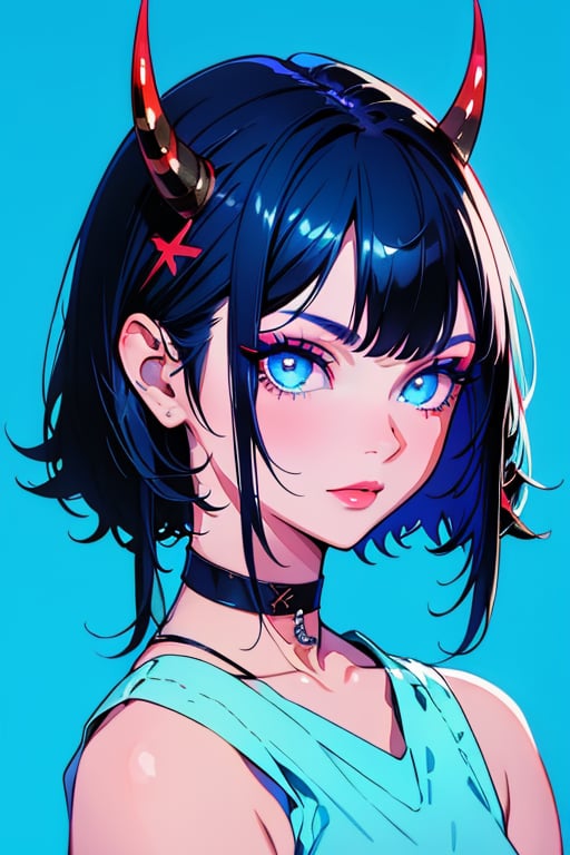 (masterpiece),,(best quality), 


1girl, solo, looking at viewer, short hair, black hair, hair ornament, horns, choker, blue eyes, makeup, colored skin, x hair ornament, portrait, short hair with long locks, blue background, 