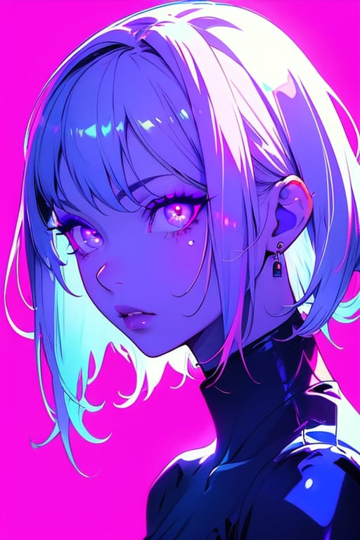 (masterpiece),,(best quality), 


1girl, solo, looking at viewer, short hair, black hair, hair ornament, blue eyes, makeup, colored skin, portrait, blue background, 

 long hair, white hair, earrings, pink eyes, lips, glowing, portrait, glowing eyes, purple background, bat hair ornament