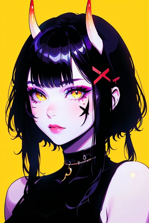 (masterpiece),,(best quality), 


1girl, solo, looking at viewer, short hair, black hair, hair ornament, horns, choker, yellow eyes, makeup, colored skin, facial mark, x hair ornament, portrait, short hair with long locks, yellow background, 