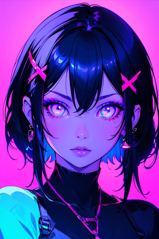 (masterpiece),,(best quality), 


1girl, solo, looking at viewer, short hair, black hair, hair ornament, blue eyes, makeup, colored skin, x hair ornament, portrait, short hair with long locks, blue background, 

 long hair, white hair, earrings, pink eyes, lips, glowing, portrait, glowing eyes, purple background, bat hair ornament