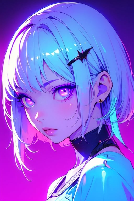 (masterpiece),,(best quality), 


1girl, solo, looking at viewer, short hair, black hair, hair ornament, blue eyes, makeup, colored skin, x hair ornament, portrait, short hair with long locks, blue background, 

 long hair, white hair, earrings, pink eyes, lips, glowing, portrait, glowing eyes, purple background, bat hair ornament