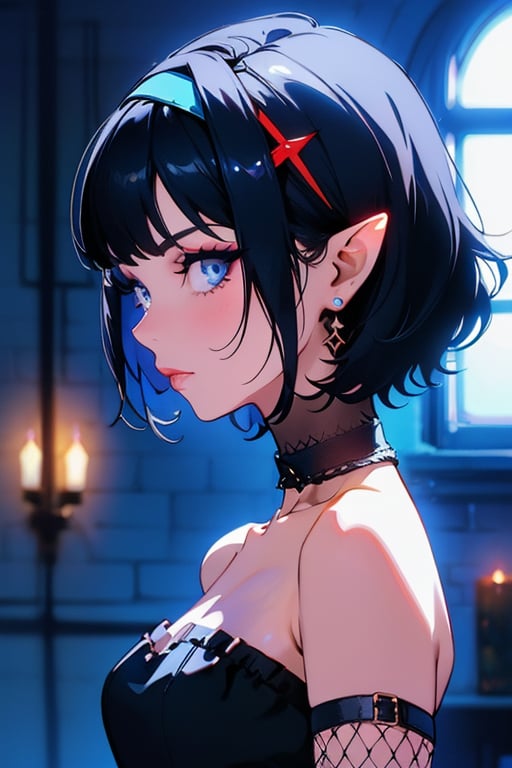 (masterpiece),,(best quality), 


1girl, solo, looking at viewer, short hair, black hair, hair ornament, blue eyes, makeup, colored skin, portrait, blue background, 

1girl, solo, short hair, gloves, dress, cleavage, bare shoulders, jewelry, medium breasts, collarbone, upper body, grey hair, hairband, earrings, choker, pointy ears, elbow gloves, blurry, black dress, from side, window, strapless, profile, black choker, fishnets, strapless dress, hair behind ear, 