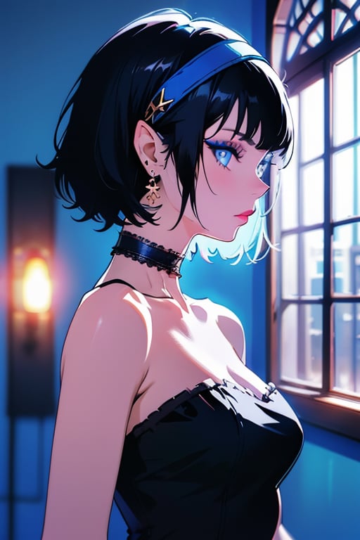 (masterpiece),,(best quality), 


1girl, solo, looking at viewer, short hair, black hair, hair ornament, blue eyes, makeup, colored skin, portrait, blue background, 

1girl, solo, short hair, gloves, dress, cleavage, bare shoulders, jewelry, medium breasts, collarbone, upper body, grey hair, hairband, earrings, choker, pointy ears, elbow gloves, blurry, black dress, from side, window, strapless, profile, black choker, fishnets, strapless dress, hair behind ear, 