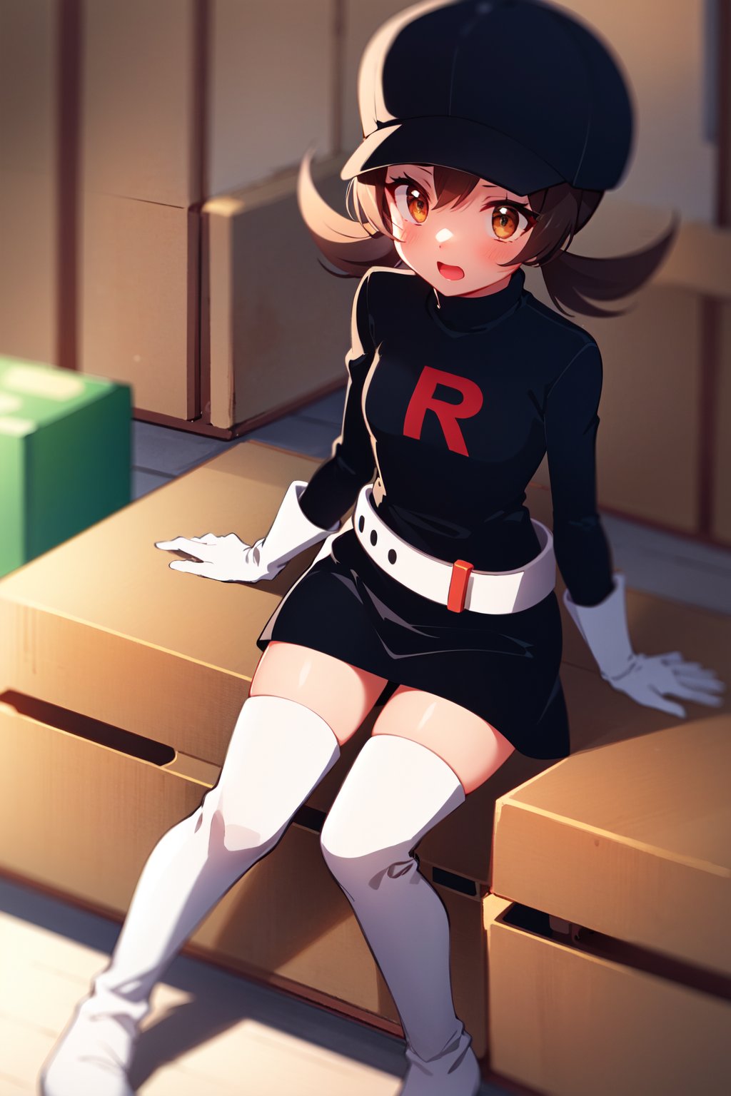 solo, lyra, black shirt, belt, black skirt, team rocket uniform, cabbie hat, black headwear, thigh boots, elbow gloves, in warehouse, sitting on crate, white boots, white gloves