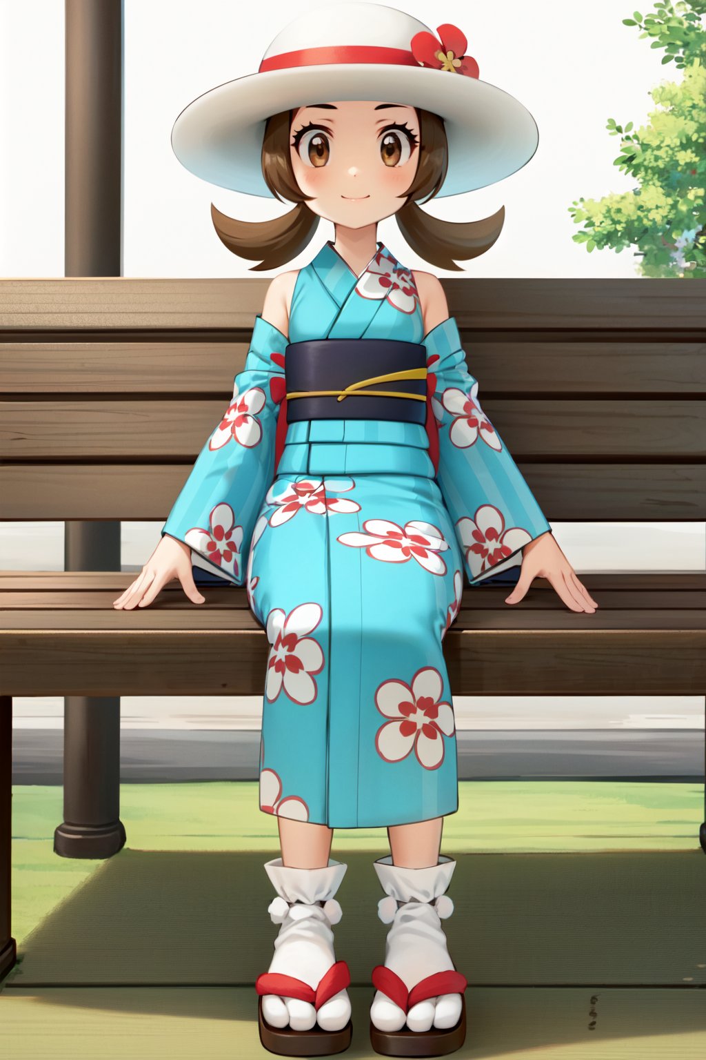 solo, lyra, blue kimono, detatched sleeves, bare shoulders, flower print, print kimono, japanese clothes, sandals, socks, full body, standing, japanese town, white headwear, sunhat, sitting on bench