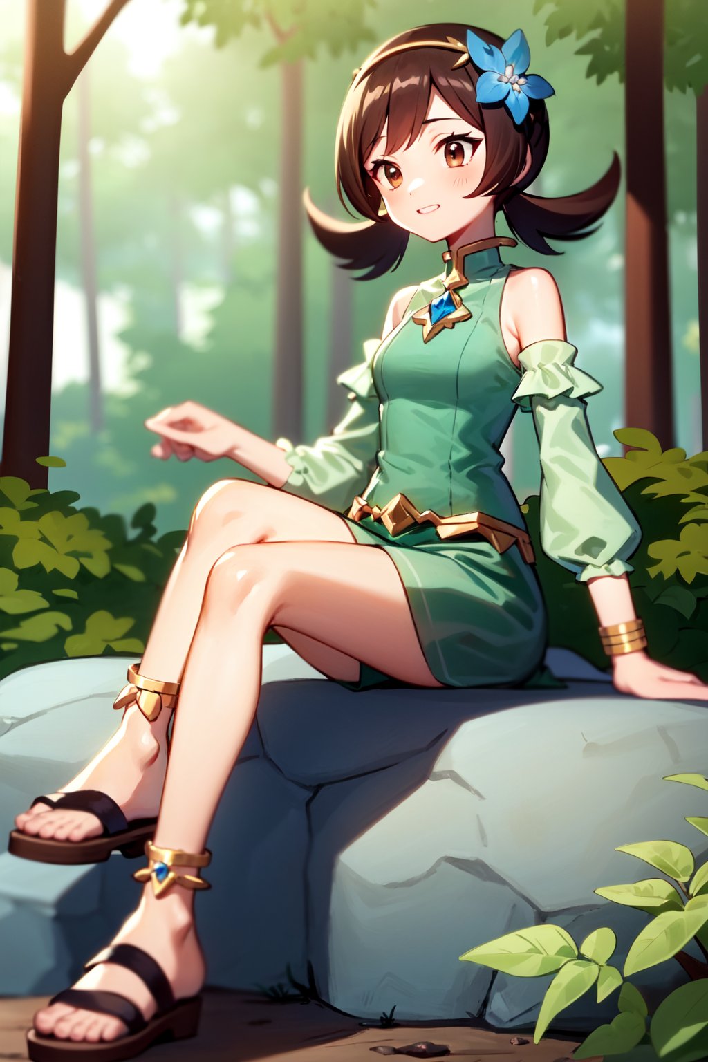 solo, lyra, green dress, hair band, blue flower, sitting on rock, forest, detatched sleeves, sandals, anklet, jewelery, green skirt